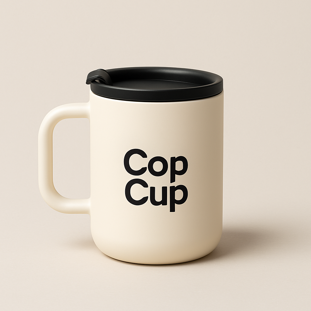 Matte black reusable Cop Cup travel mug with leak-proof lid, placed on a beige background.