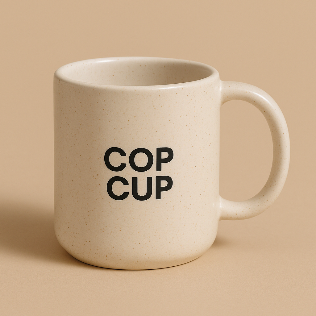 Speckled cream ceramic Cop Cup with rounded handle on beige background